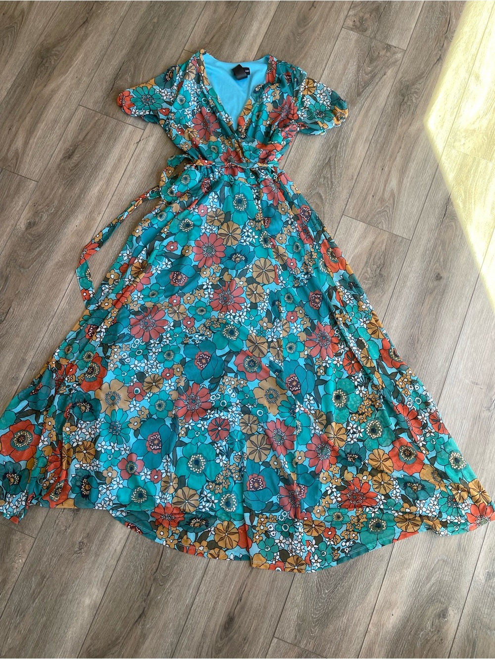 New York & Company Teal Floral Wrap Summer Maxi Dress